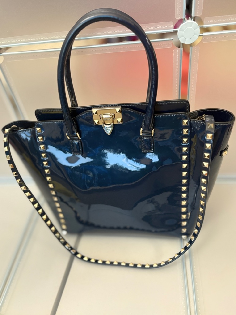Valentino Garavani Navy Patent Rockstud Small Tote Bag